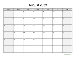 August 2033 Calendar with Weekend Shaded