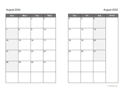 August 2033 Calendar on two pages
