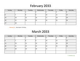 February and March 2033 Calendar