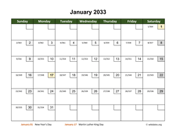 January 2033 Calendar with Day Numbers