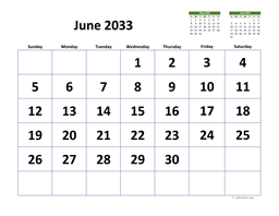 June 2033 Calendar with Extra-large Dates