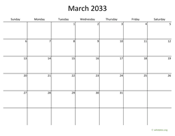 March 2033 Calendar with Bigger boxes