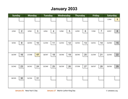 Monthly 2033 Calendar with Day Numbers