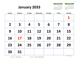 Monthly 2033 Calendar with Extra-large Dates