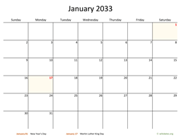 Monthly 2033 Calendar with Bigger boxes