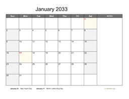 Monthly 2033 Calendar with Notes