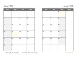 Monthly 2033 Calendar on two pages