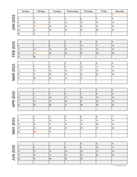 six months 2033 calendar vertical