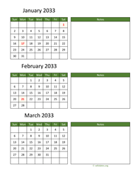 three months 2033 calendar vertical with notes