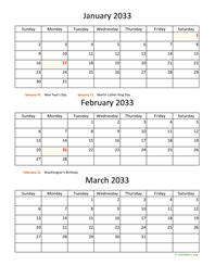 three months 2033 calendar vertical