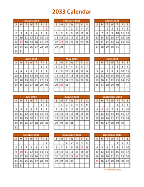 Full Year 2033 Calendar on one page