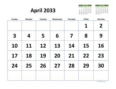 April 2033 Calendar with Extra-large Dates