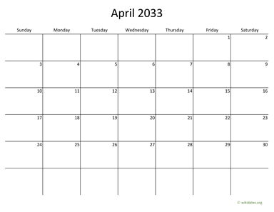 April 2033 Calendar with Bigger boxes