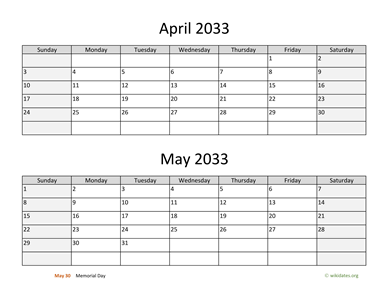 April and May 2033 Calendar Horizontal