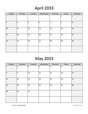 April and May 2033 Calendar Vertical