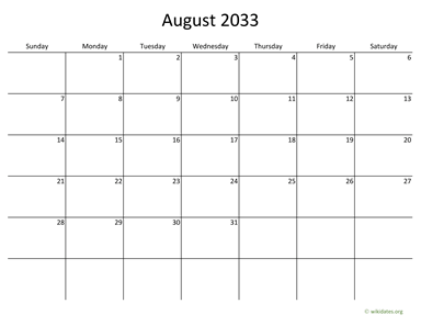 August 2033 Calendar with Bigger boxes