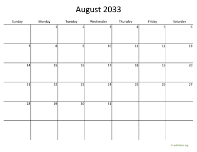 August 2033 Calendar with Bigger boxes | WikiDates.org