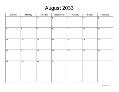 Basic Calendar for August 2033