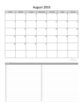 August 2033 Calendar with To-Do List | WikiDates.org