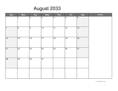 August 2033 Calendar with Notes
