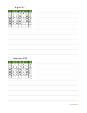 August and September 2033 Calendar with Notes