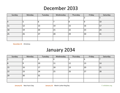 December 2033 and January 2034 Calendar Horizontal