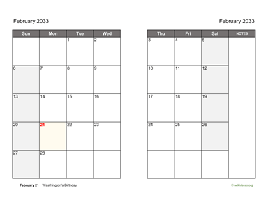 February 2033 Calendar on two pages