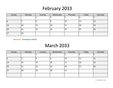 February and March 2033 Calendar Horizontal