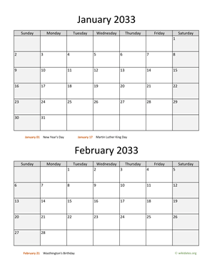 January and February 2033 Calendar Vertical