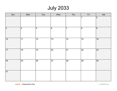July 2033 Calendar with Weekend Shaded