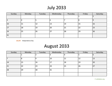 July and August 2033 Calendar Horizontal