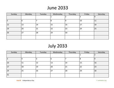June and July 2033 Calendar Horizontal