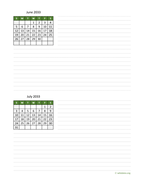 June and July 2033 Calendar with Notes