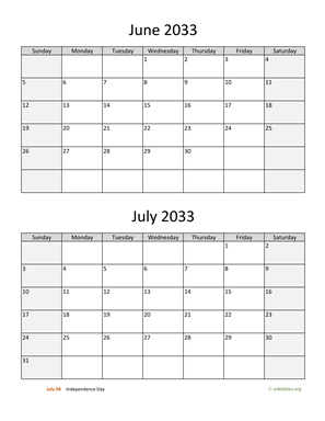 June and July 2033 Calendar Vertical