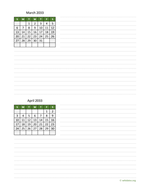 March and April 2033 Calendar with Notes