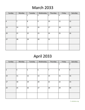 March and April 2033 Calendar Vertical