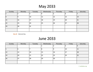May and June 2033 Calendar Horizontal