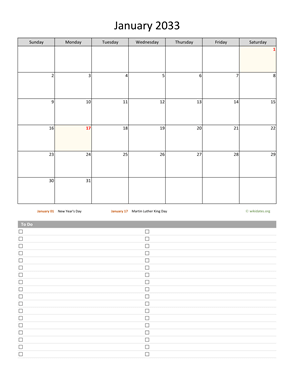 Monthly 2033 Calendar with To-Do List