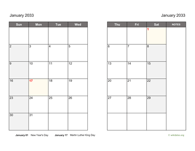 Monthly 2033 Calendar on two pages