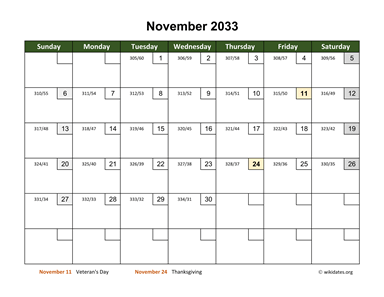 November 2033 Calendar with Day Numbers