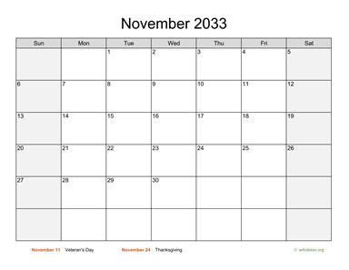 November 2033 Calendar with Weekend Shaded