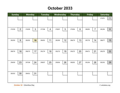 October 2033 Calendar with Day Numbers