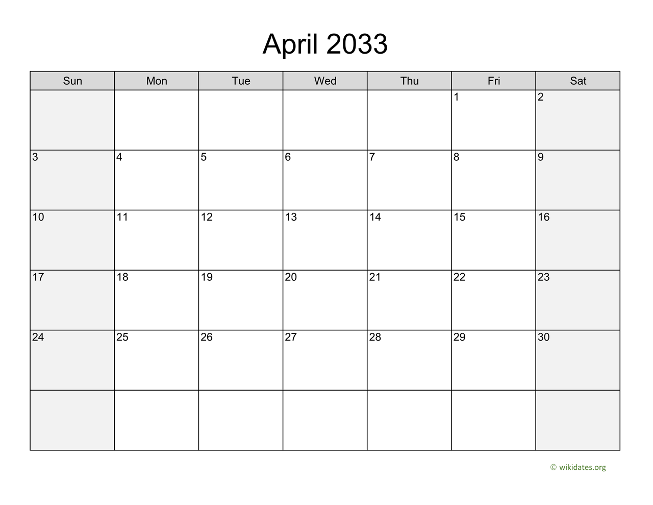 April 2033 Calendar With Weekend Shaded