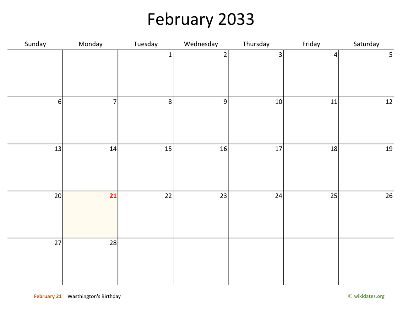 February 2033 Calendar With Bigger Boxes