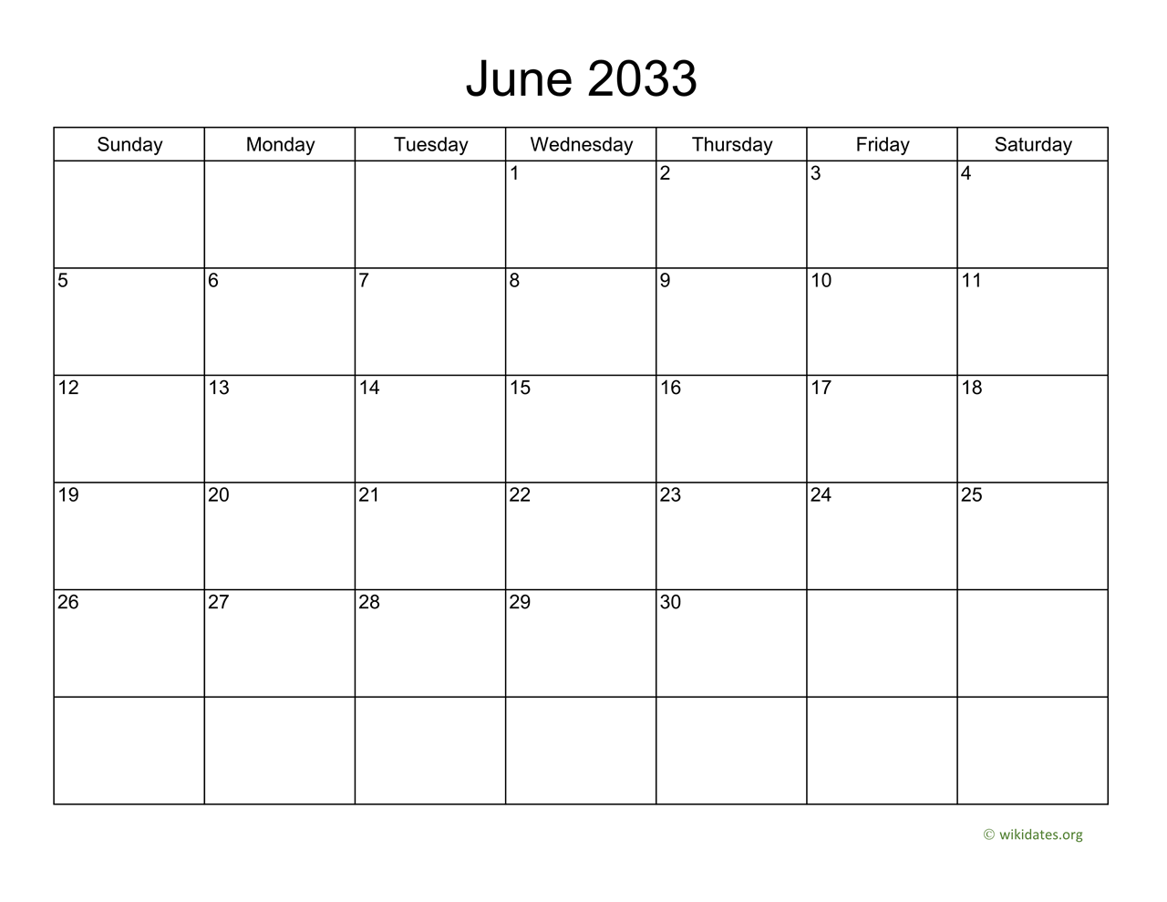 Basic Calendar For June 2033
