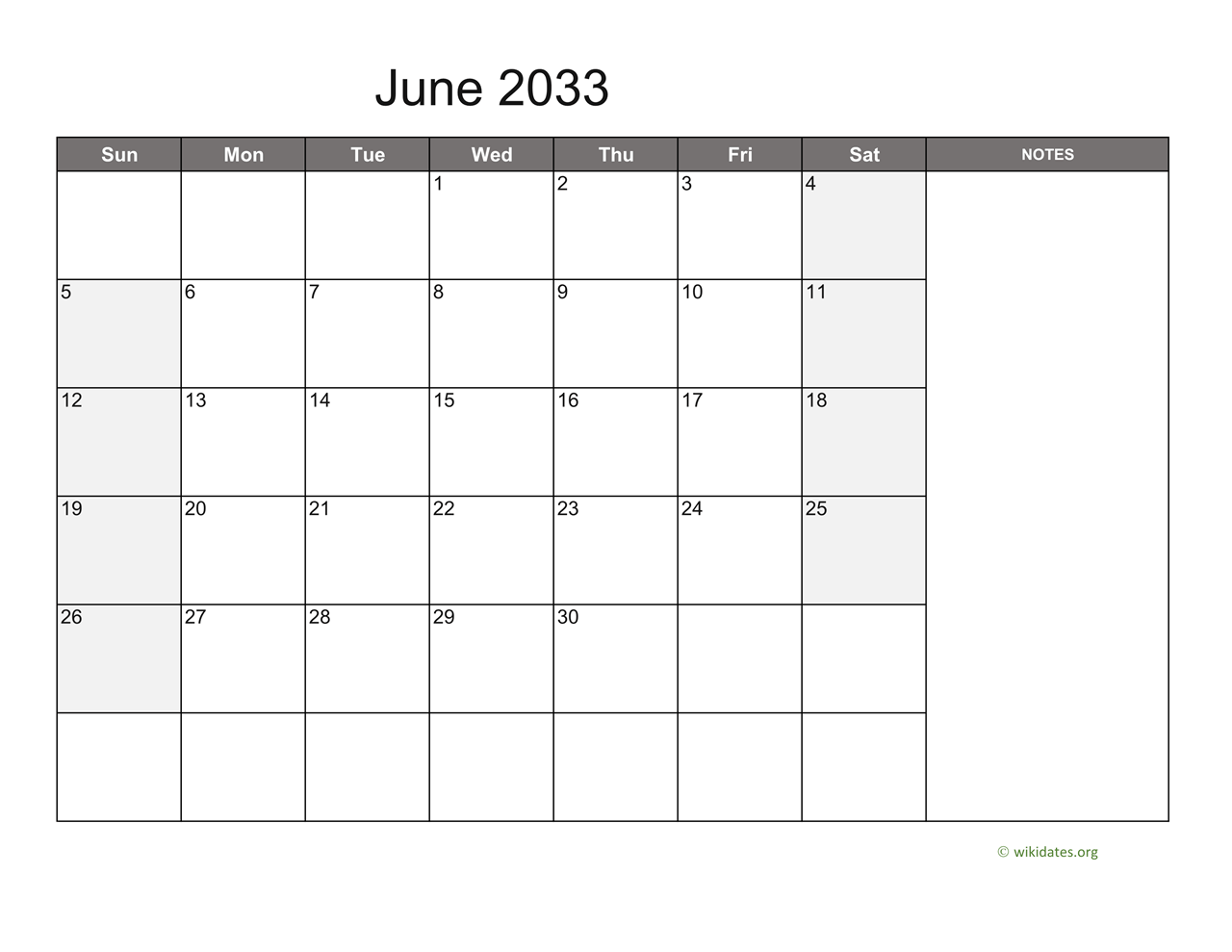 June 2033 Calendar With Notes