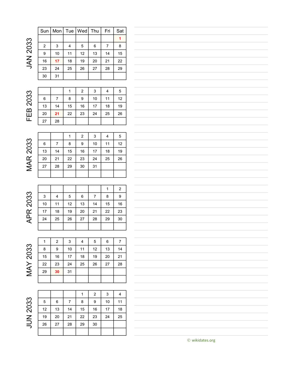 Printable 2033 calendar wikidates