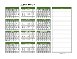 Yearly Printable 2034 Calendar with Notes