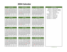 Printable 2034 Calendar with Federal Holidays