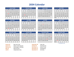 PDF Calendar 2034 with Federal Holidays